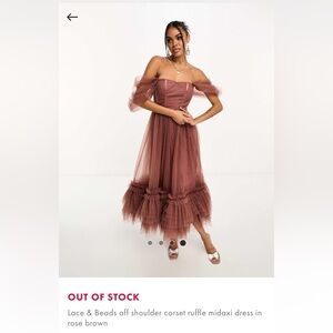 Lace & Beads off shoulder corset ruffle midaxi dress in rose brown (NWOT)